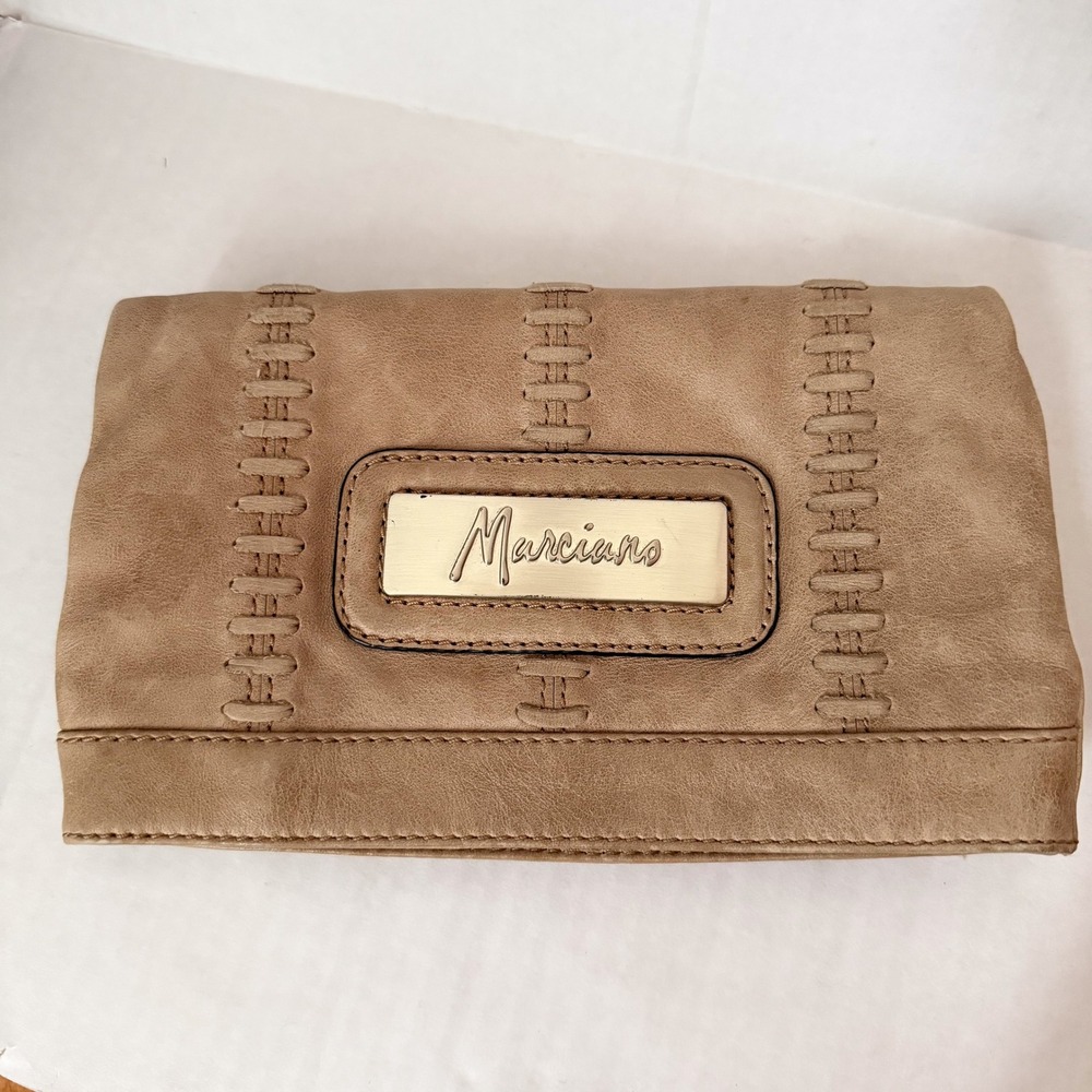 Marciano Angelique Tan Leather Foldover Clutch Bag Gold Logo‎ Accent